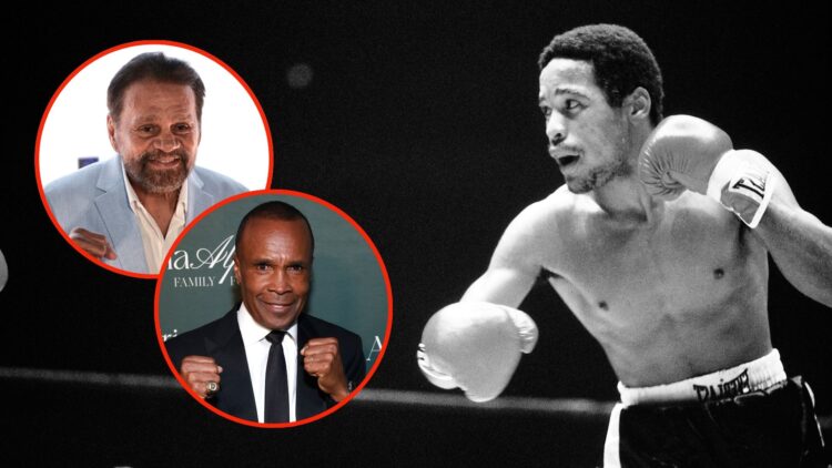 Wilfred Benítez boxing at the Hiram Bithorn Stadium. Inset, Sugar Ray Leonard and Roberto Duran.