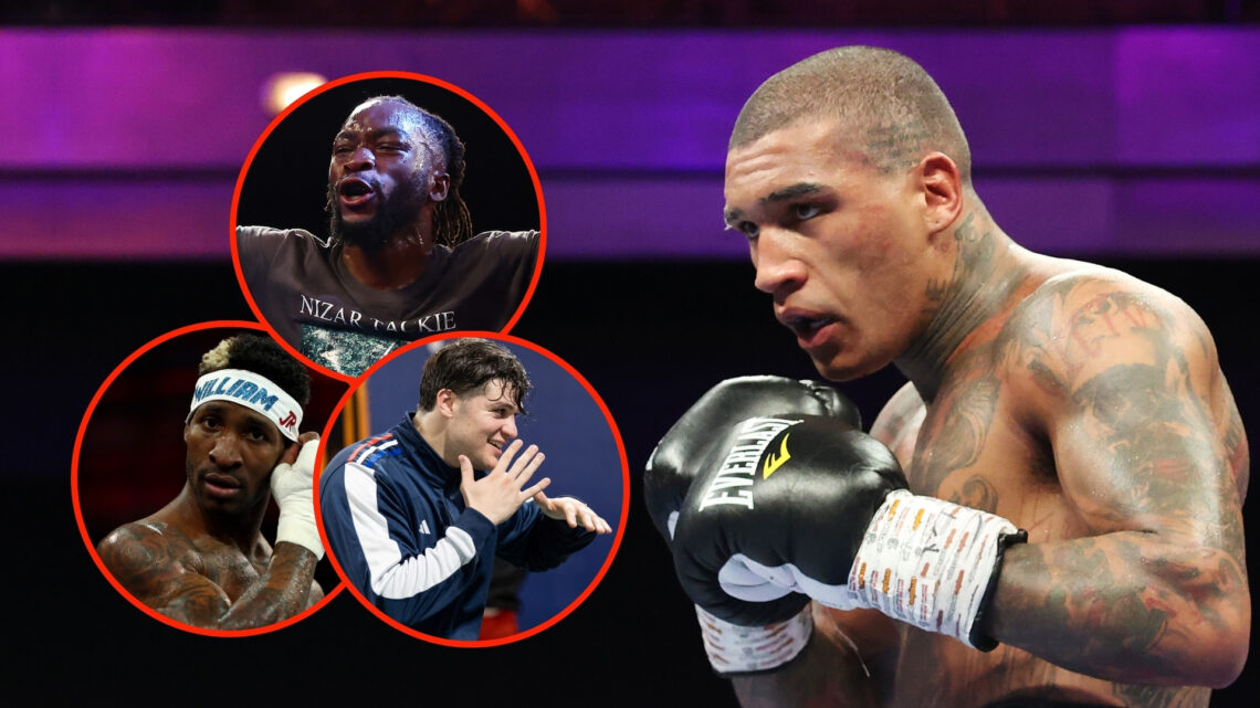 Conor Benn in action during the welterweight fight between Conor Benn and Peter Dobson at The Cosmopolitan with insets of Denzel Bentley celebratin...