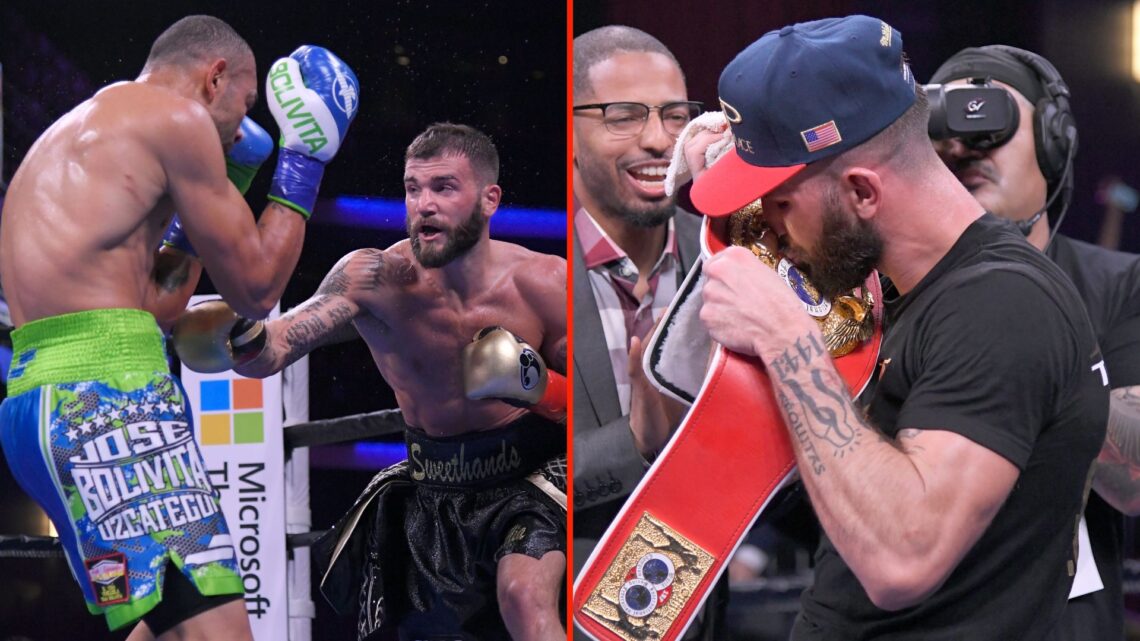Caleb Plant kisses the championship belt he won from Jose Uzcategui, and Caleb Plant in black trunks and Jose Uzcategui battle in the third round d...