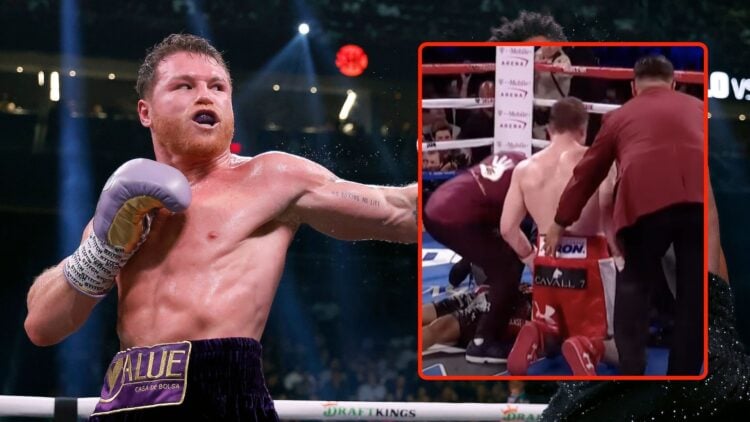 Saul "Canelo" Alvarez of Mexico (purple/gold trunks) trades punches with Jermell Charlo. Inset - a screenshot from Alvarez vs Khan.