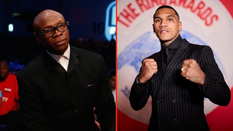 Split image of Father Chris Eubank watches Chris Eubank Junior fight Billy Joe Saunders in the british european and commonwealth middleweight champ...