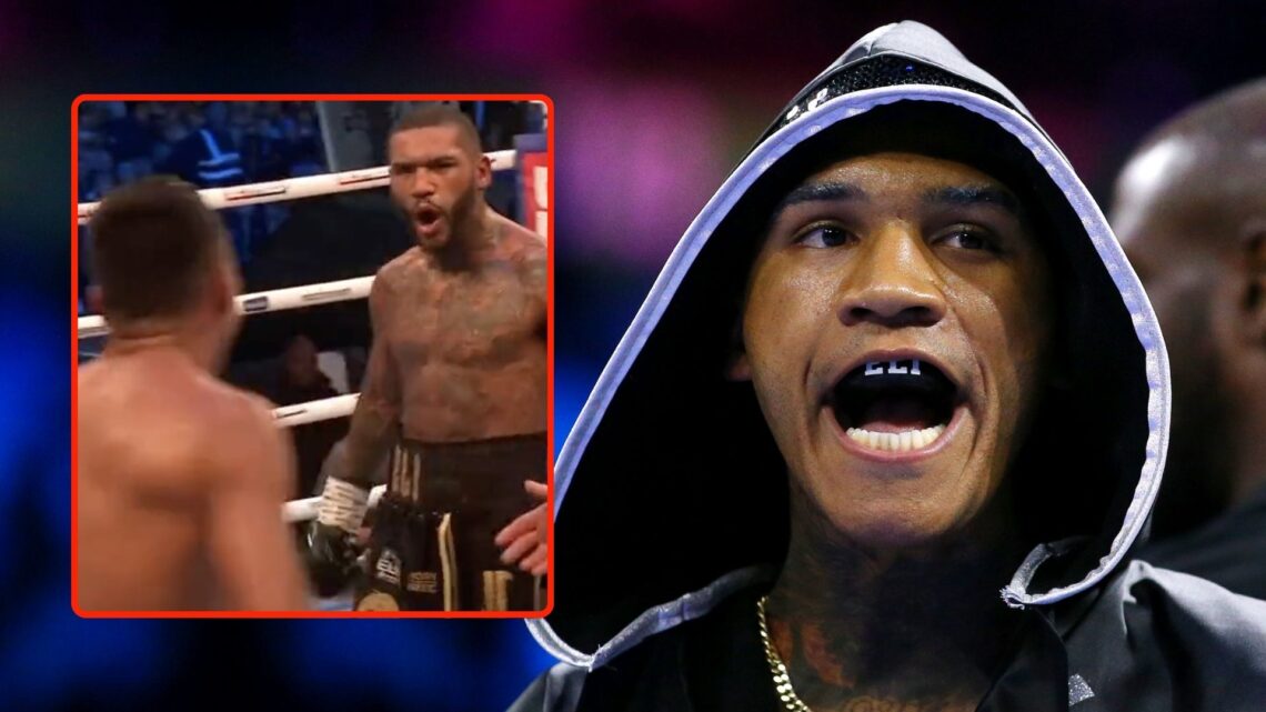 Conor Benn reacts prior to the WBA Continental Welterweight Title fight between Conor Benn and Chris Van Heerden. Inset, a screenshot of Benn at th...
