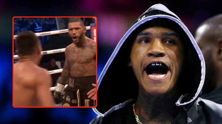 Conor Benn reacts prior to the WBA Continental Welterweight Title fight between Conor Benn and Chris Van Heerden. Inset, a screenshot of Benn at th...