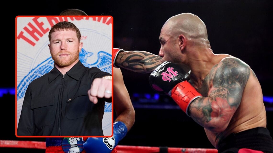 Miguel Cotto lands a punch against Sadaam Ali during their Junior Middleweight bout. Inset, Canelo Alvarez.