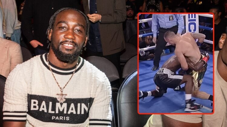 Terence "Bud" Crawford poses before the Saul "Canelo" Alvarez vs Edgar Berlanga fight. Inset, a screenshot from Crawford vs Kavaliauskas.