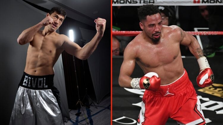 Split image of Dmitry Bivol during Media Day ahead of the Riyadh Season event on February 17, 2025 in Riyadh, Saudi Arabia and Andre Ward stands in...