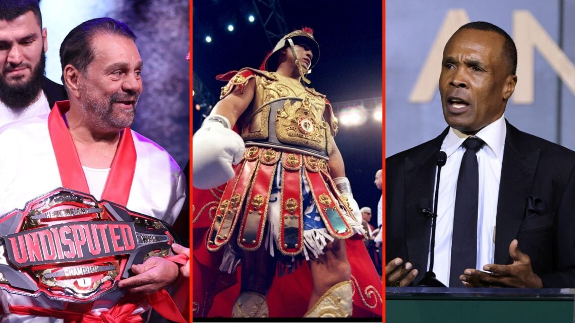 A three-way split image of Roberto Duran during a press conference, Hector "Macho" Camacho heads toward the ring for a bout against Sugar Ray Leona...