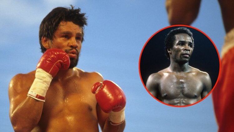 Split image of Roberto Duran boxing, and Sugar Ray Leonard looking on during against Kevin Howard.