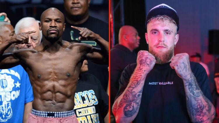 Split image of Floyd Mayweather Jr. posing on the scale during his official weigh-in at the MGM Grand Garden Arena and Jake Paul poses during the J...