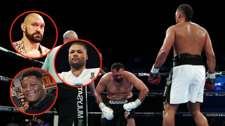 Joe Joyce looks on as Christian Hammer goes down during the WBC Silver Silver and WBO International Heavyweight Title fight. Inset, Tyson Fury, Lui...