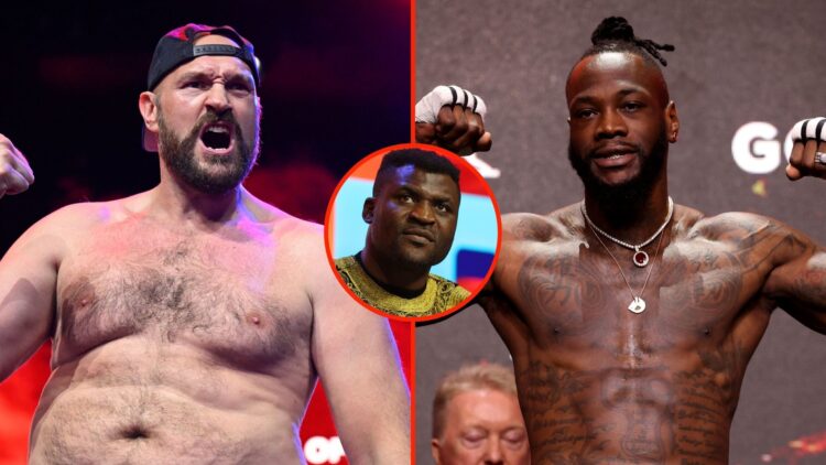 Split image of Tyson Fury reacting during a press conference, and Deontay Wilder reacting after weighing in. Inset, Francis Ngannou.