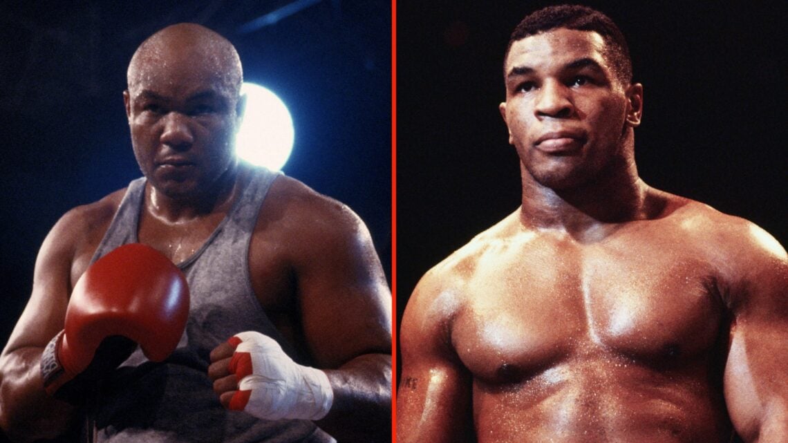 Split image of CIRCA 1989: George Foreman attends the Star-studded exhibition fight where Tommy "The Duke" Morrison demonstrates why Sylvester Stal...