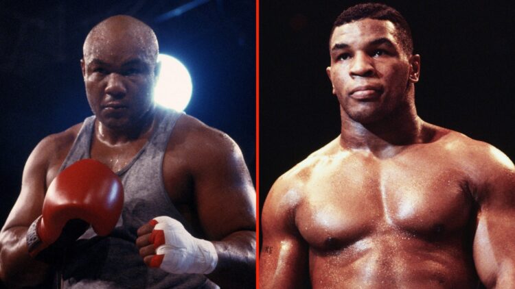 Split image of CIRCA 1989: George Foreman attends the Star-studded exhibition fight where Tommy "The Duke" Morrison demonstrates why Sylvester Stal...