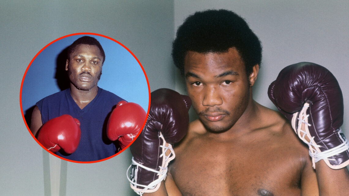 Heavyweight fighter George Foreman strikes a fighting pose prior to his January 16th 10-round bout with Chuck Wepner with an inset of Joe Frazier t...