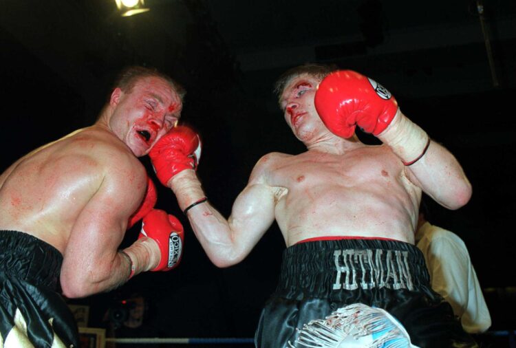 22 Oct 2000:  Ricky Hatton (left) makes contact with Jon Thaxton during the British Light Welterweight Title Bout held at Wembey, London. Mandatory...