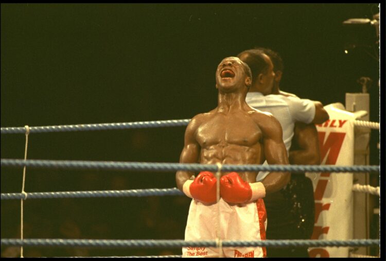 18 NOV 1990:  CHRIS EUBANK CRIES TO THE HEAVENS AFTER BEATING NIGEL BENN IN THE NINTH ROUND AT BIRMINGHAM. CHRIS EUBANK BECAME THE NEW WBO WORLD MI...