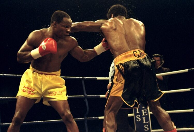 18 Jul 1998:  Carl Thompson (right) of Great Britain exchanges blows with Chris Eubank also of Great Britain during their WBO Cruiserweight bout in...