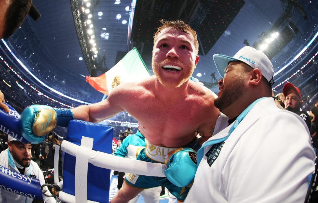 Canelo Alvarez celebrates Billy Joe Saunders