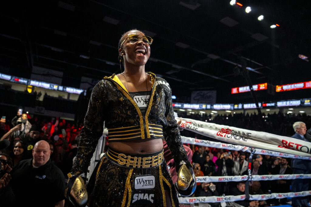 Claressa Shields arrives for his title fight with Danielle Perkins.