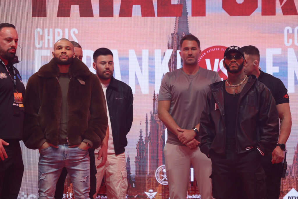 Chris Eubank Jr. and Conor Benn side by side with Eddie Hearn and Ben Shalom in between them.