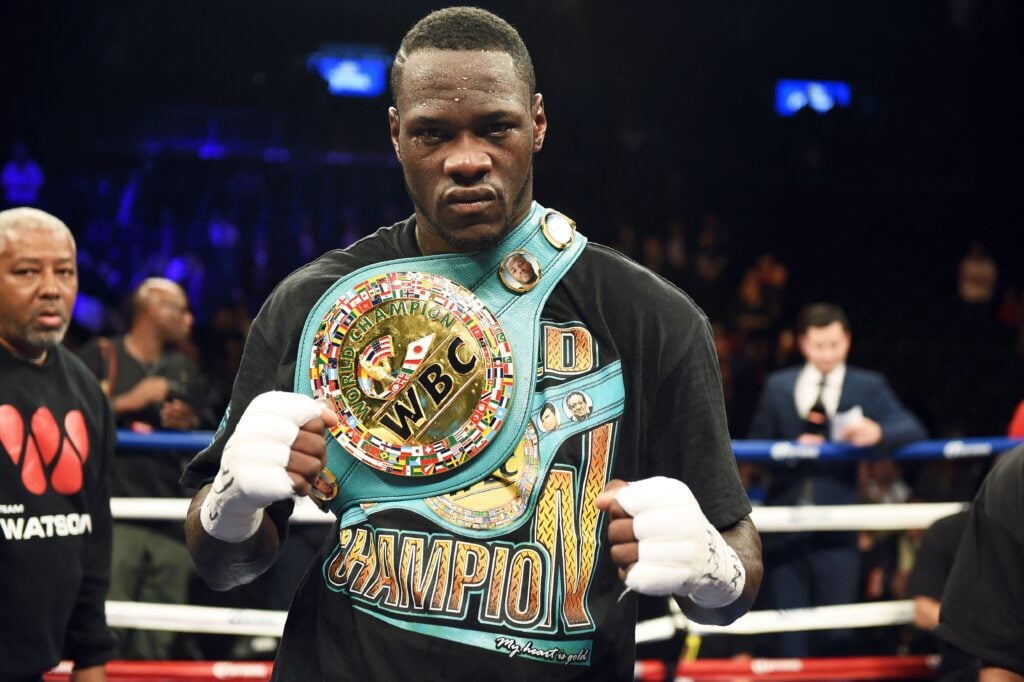 Deontay Wilder celebrates defeating Artur Szpilka