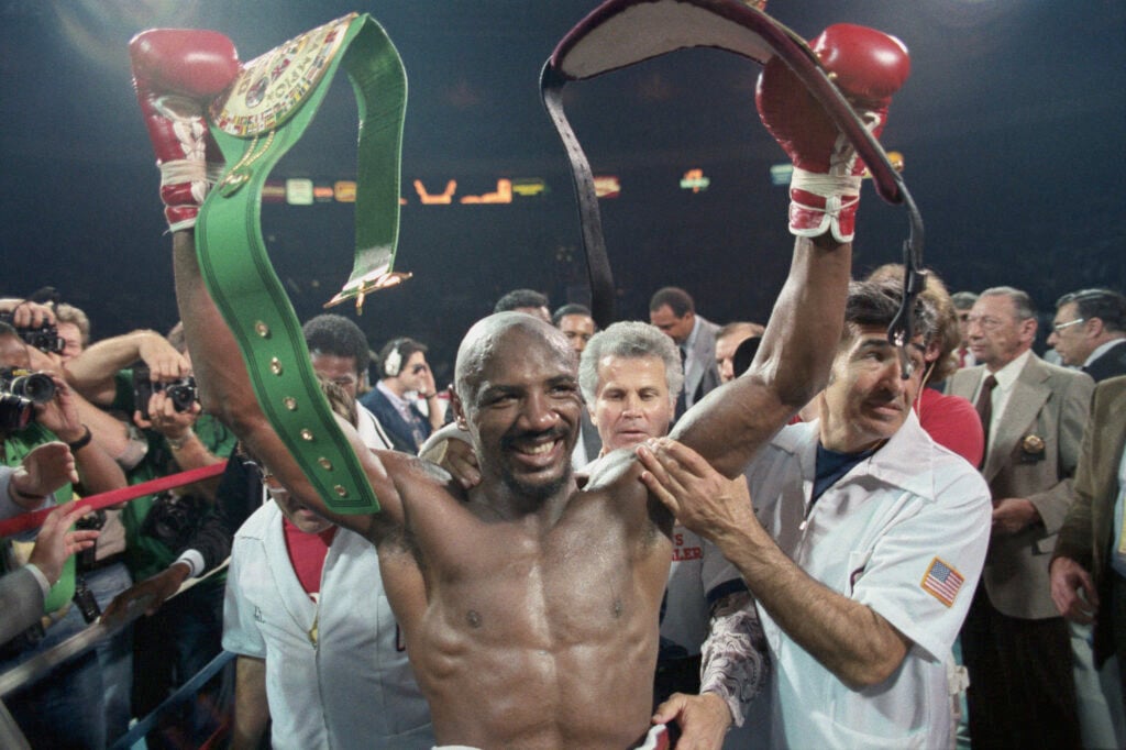 Marvin Hagler After winning Bout with Mustafa Hamstro