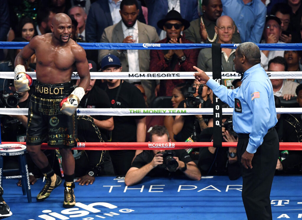 Floyd Mayweather Jr pictured during his fight with Conor McGregor