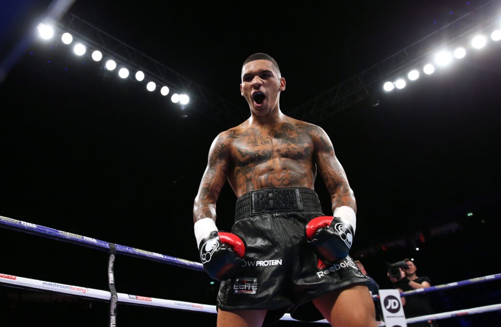 Conor Benn shouts after winning at Manchester Arena