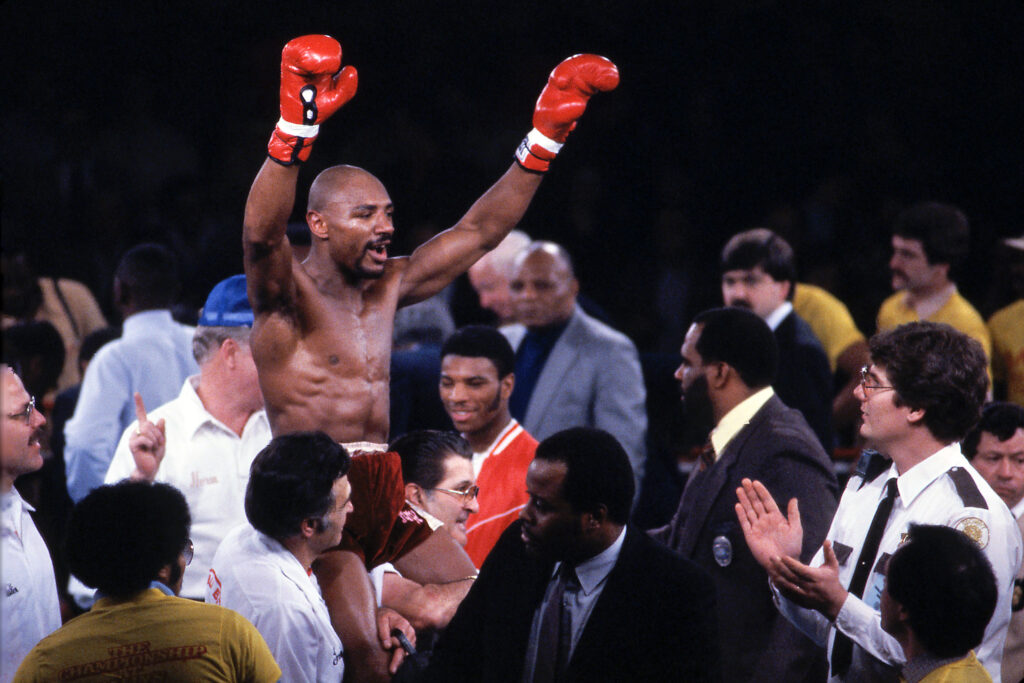 Marvin Hagler celebrates victory