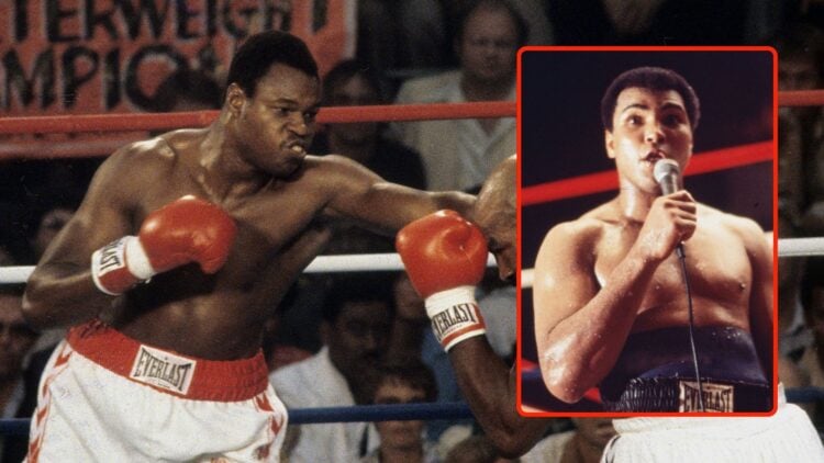 Larry Holmes lands a punch against Earnie Shavers during the fight at Caesars Palace. Inset, Muhammad Ali.