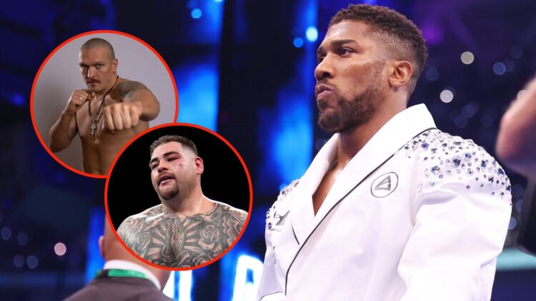 Image of Anthony Joshua with an inset of Andy Ruiz Jr. and Oleksandr Usyk