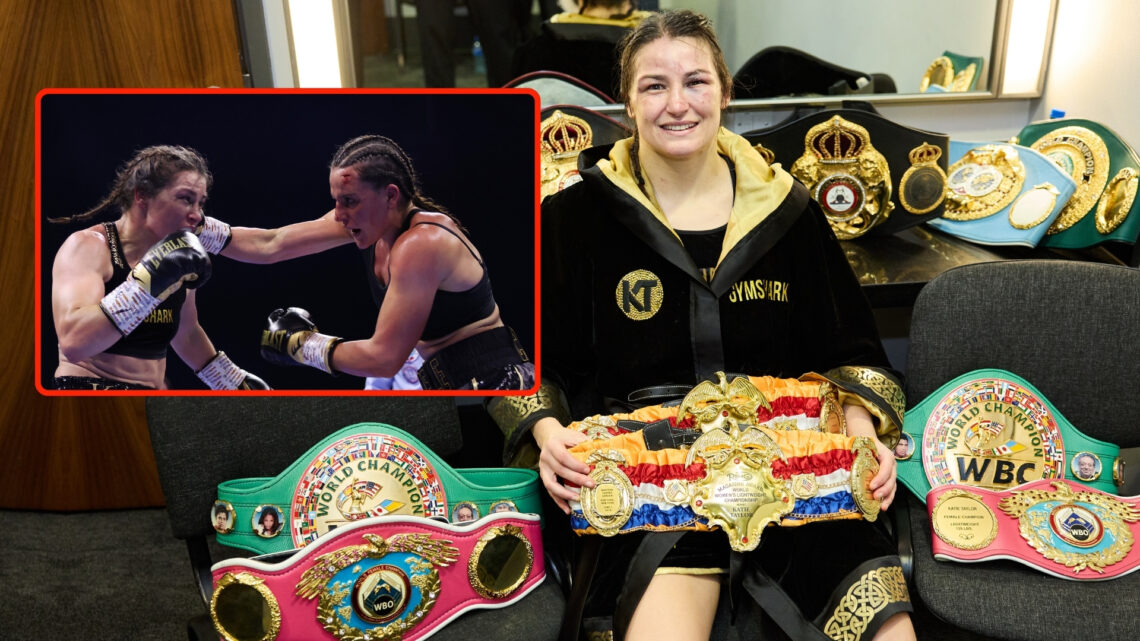 Katie Taylor with all her belts and an inset of Chantelle Cameron and Katie Taylor during their fight for the Undisputed Super-Lightweight World Ti...