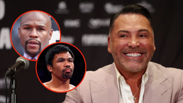 Oscar De La Hoya looks on during the Saul Canelo Alvarez vs. Jaime Munguia final press conference. Inset, Professional Boxer Floyd Mayweather, Jr. ...