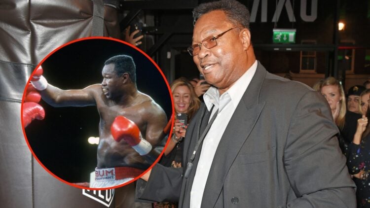 Image of Larry Holmes with an inset of himself against Evander Holyfield in 1992