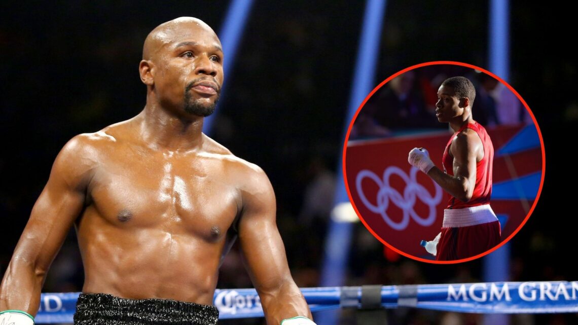 Floyd Mayweather Jr. looks on while taking on Marcos Maidana during their WBC/WBA welterweight title fight. Inset, Errol Spence of the United State...