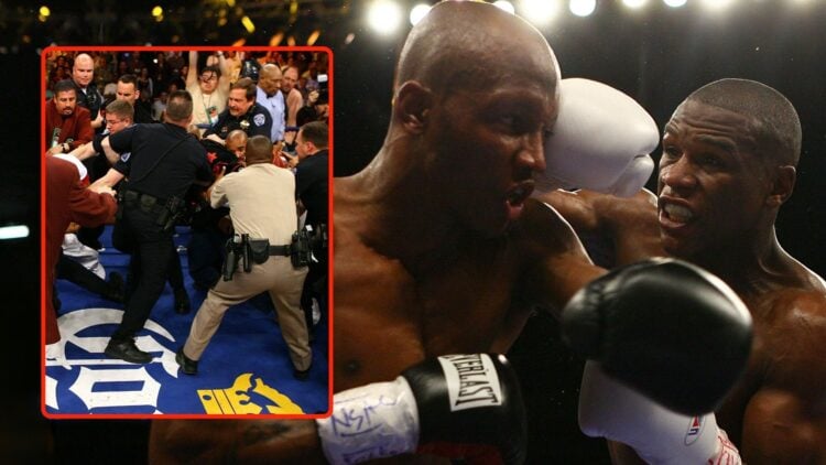 Floyd Mayweather hits Zab Judah with a right during the Welterweight Championship fight at Thomas & Mack Arena. Inset, Police enter the ring after ...