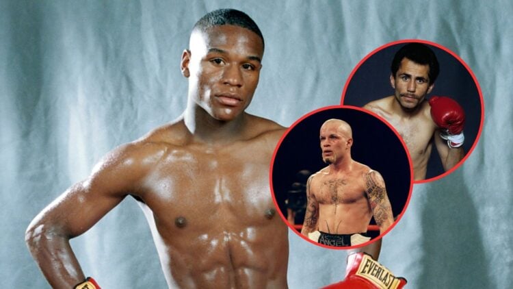 Image of Floyd Mayweather in the 90s with insets of boxers Angel Manfredy and Genaro Hernandez