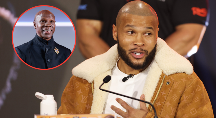 Chris Eubank Jr. speaks at a press conference, inset Chris Eubank Sr.