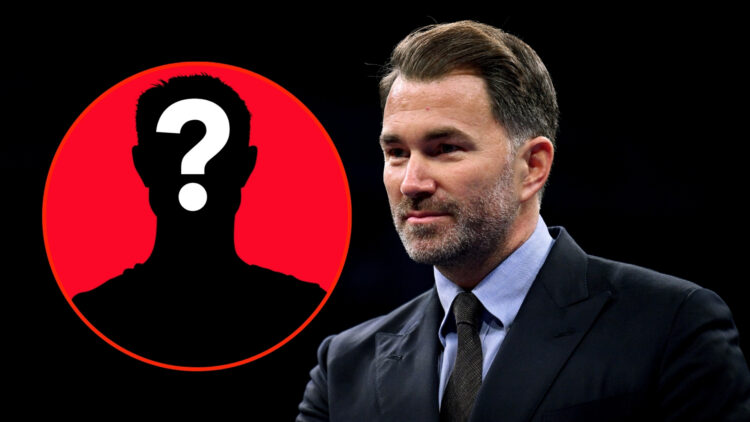 Chairman and promoter of Matchroom Boxing Eddie Hearn at SSE Arena in Belfast with an inset of a mystery player.