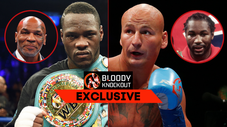 Deontay Wilder and Artur Szpilka with insets of Mike Tyson and Lennox Lewis