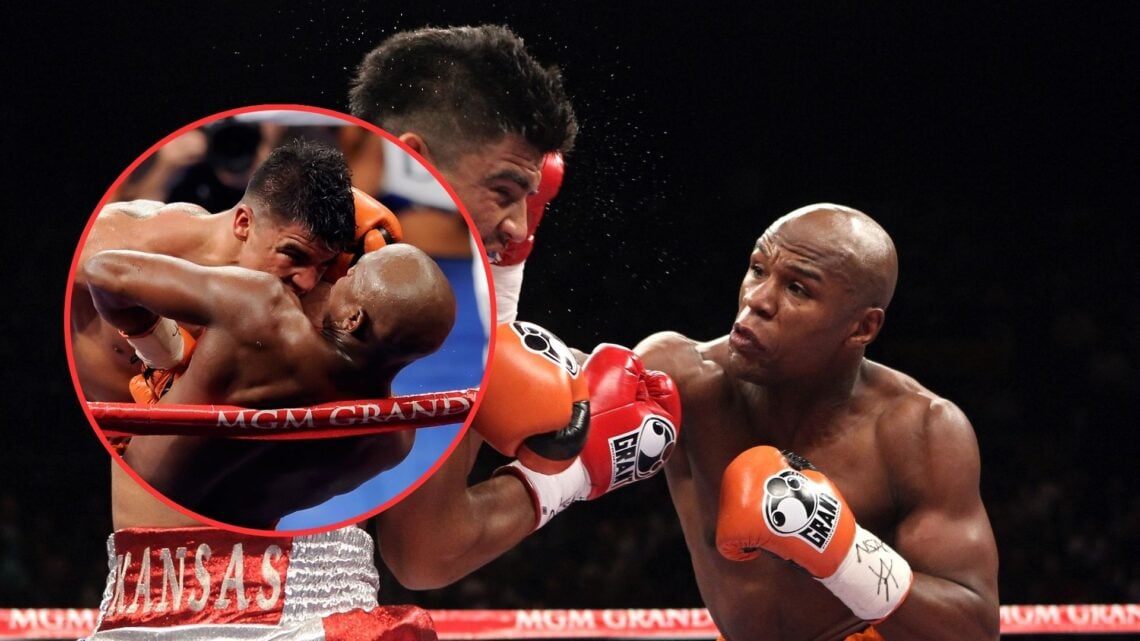 Image of Floyd Mayweather Jr with an inset of Victor Ortiz's illegal head-butt on Floyd Mayweather Jr