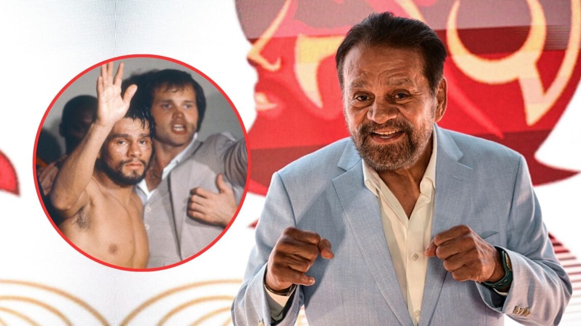 Former Panamanian boxer Roberto "Mano de Piedra" Duran poses for the photographers during the premiere of a television series called "On the road w...