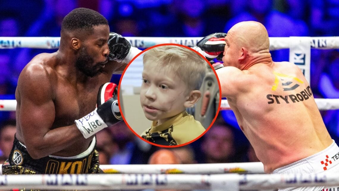 Lukasz Rozanski of Poland is fighting to defend his WBC bridgerweight title against Lawrence Okolie. Inset, a screenshot of a seven year-old boy wi...