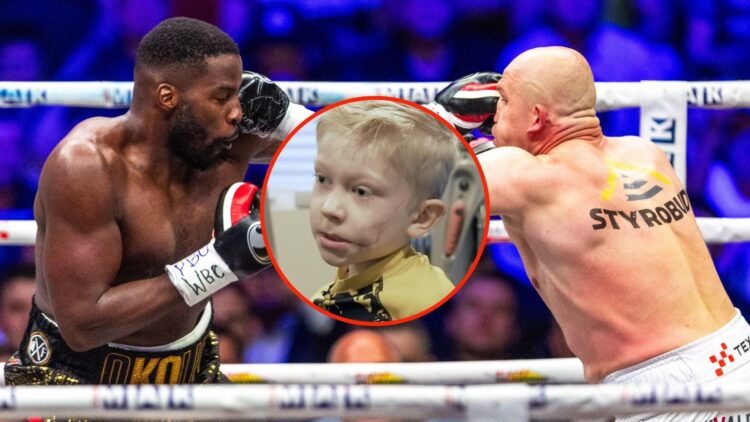 Lukasz Rozanski of Poland is fighting to defend his WBC bridgerweight title against Lawrence Okolie. Inset, a screenshot of a seven year-old boy wi...
