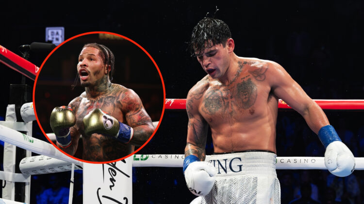 Ryan Garcia during their WBC Super Lightweight title bout at Barclays Center with an inset of Gervonta Davis in action against Lamont Roach Jr. dur...