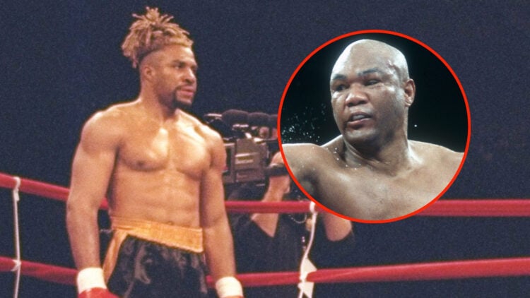 Shannon Briggs standing in the corner during a fight against Calvin Jones with an inset of George Foreman against Michael Moorer fighting for the W...