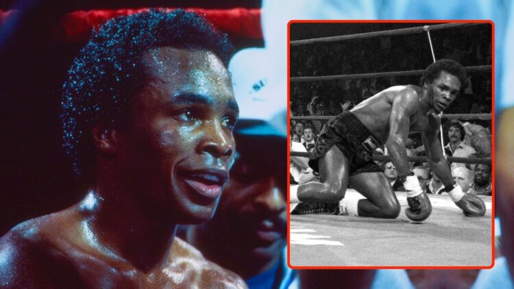 Boxer "Sugar" Ray Leonard talks with trainers in his corner after the eighth round of his light middleweight bout with Kevin Howard. Inset, Sugar R...