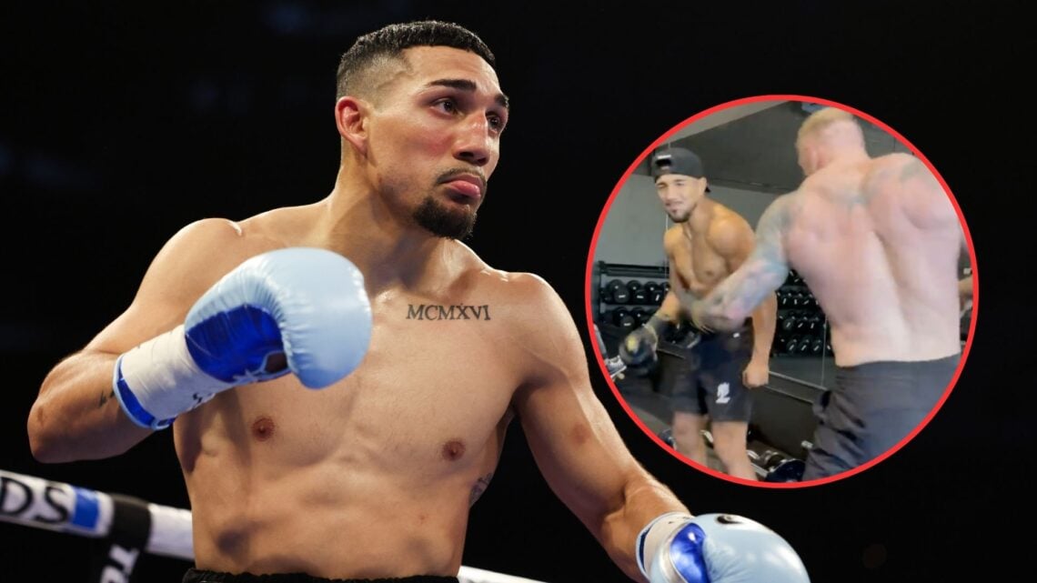 Image of Teofimo Lopez with an inset of him doing the Body Shot Challenge with ‘The Mountain’ from Game of Thrones
