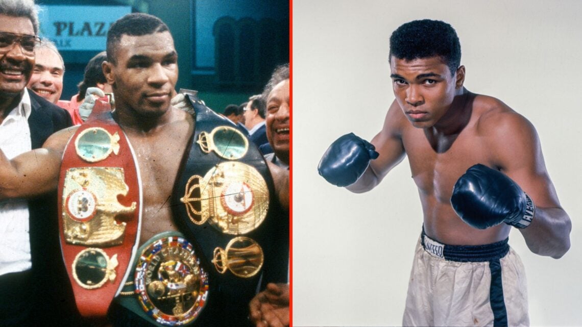 Split image as Mike Tyson and Don King celebrates after Tyson defeated Carl Williams, and Cassius Clay, 20 year old heavyweight contender from Loui...