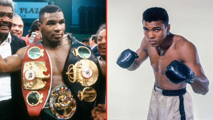 Split image as Mike Tyson and Don King celebrates after Tyson defeated Carl Williams, and Cassius Clay, 20 year old heavyweight contender from Loui...